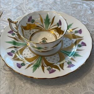 Elegant Gold and Green Floral Tea Cup and Saucer Set by Royal Chelsea EUC